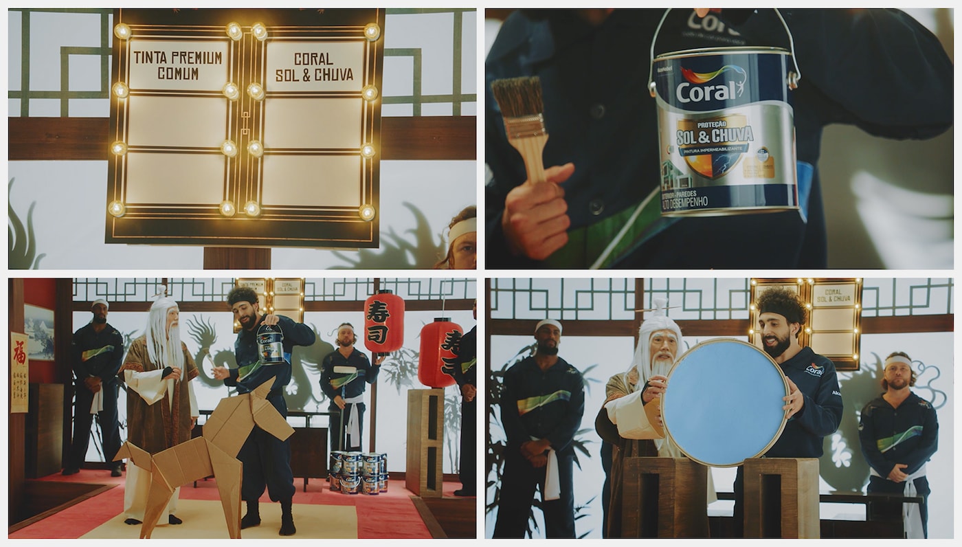 Homens segurando lata de tinta Coral Proteção Sol & Chuva Pintura Impermeabilizante.