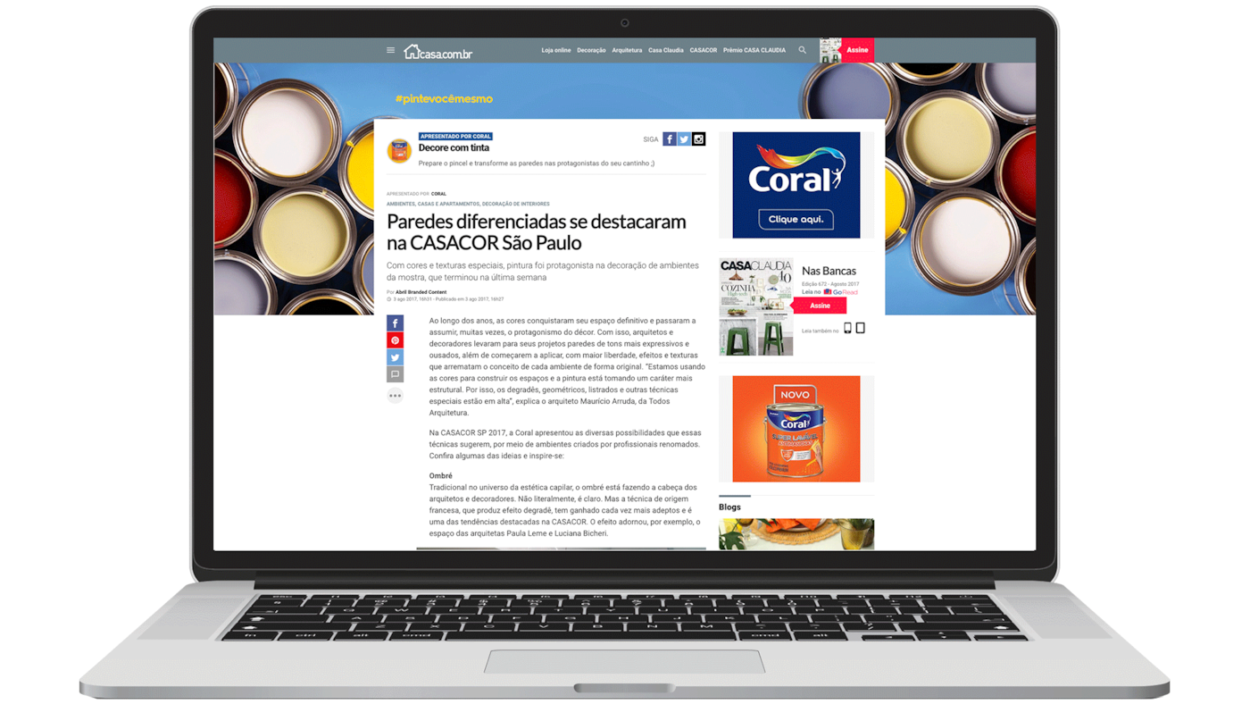 Tela de um computador com a página “Paredes diferenciadas se destacam na casacor São Paulo”.