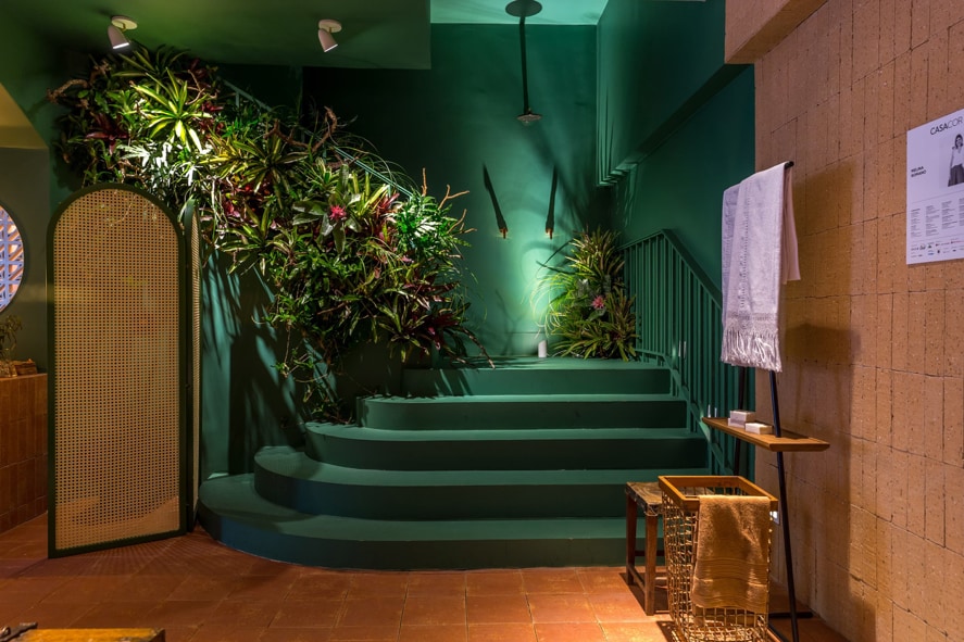 Ambiente com escadaria e plantas com parede em tons de verde.