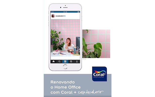 Banner com celular ilustrado renovando o Home Office com Coral.