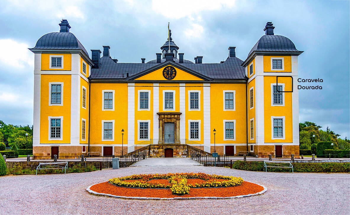 Fachada renovada com a cor Caravela Dourada da Tintas Coral. O amarelo vibrante da parede ficou incrível com o azul das janelas