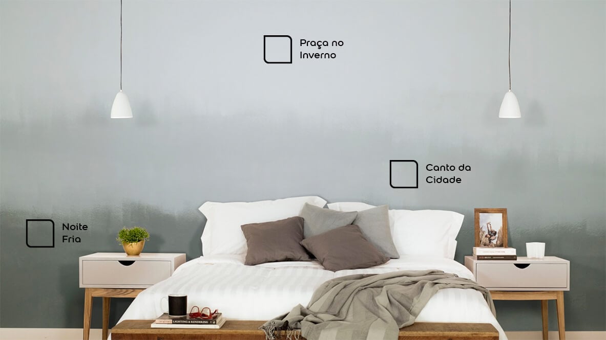 Efeito ombré também funciona com tons mais escuros na parte de baixo. As cores escolhidas para o quarto do casal foram Mineral Valioso, Cinza Gelada e Branco Suíço da Tintas Coral.  