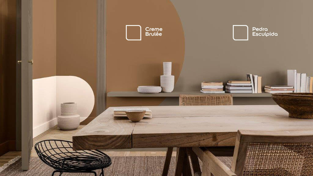 Ambiente renovado com as cores Pedra Esculpida e Creme Brulée da Tintas Coral. A composição com neutros quentes trouxe muito mais harmonia para a sala de jantar.