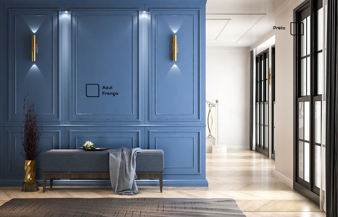 Janela renovada com a cor Preto, super combinando com a cor Azul França da Tintas Coral no hall de entrada.  