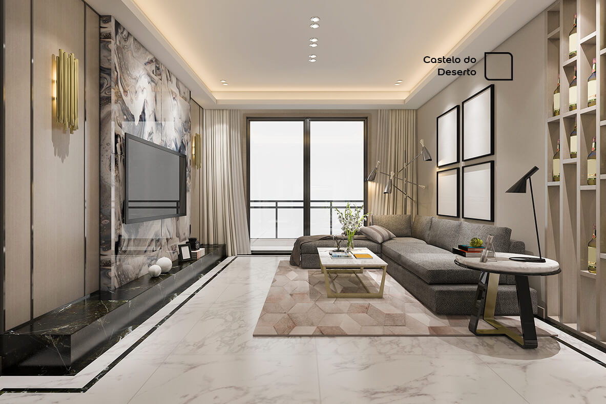 Sala de TV renovada com a cor Castelo do Deserto da Tintas Coral. O tom neutro super combinou com a mobília em cinza e o mármore preto.