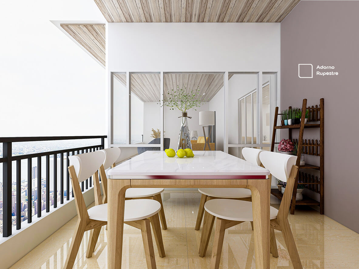 Varanda Gourmet renovada com a cor Adorno Rupestre da Tintas Coral. Versátil, coloração da parede combina com tom claro da mesa e com a madeira do ambiente