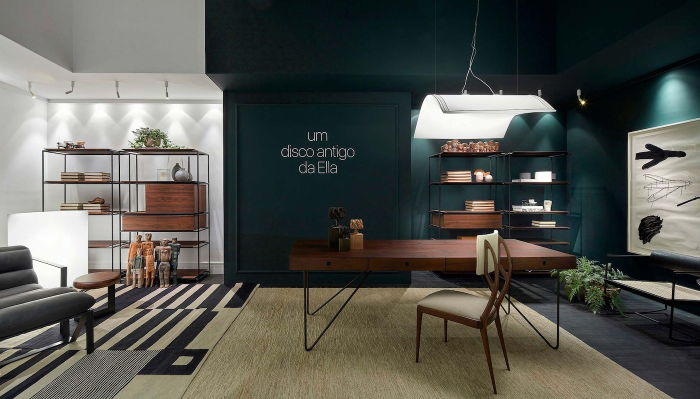 Home Office decorado com paredes Tintas Coral casacor 2020 cor um disco antigo da Ella.