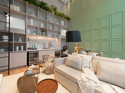 Sala decorada com parede Tintas Coral casacor 2020.