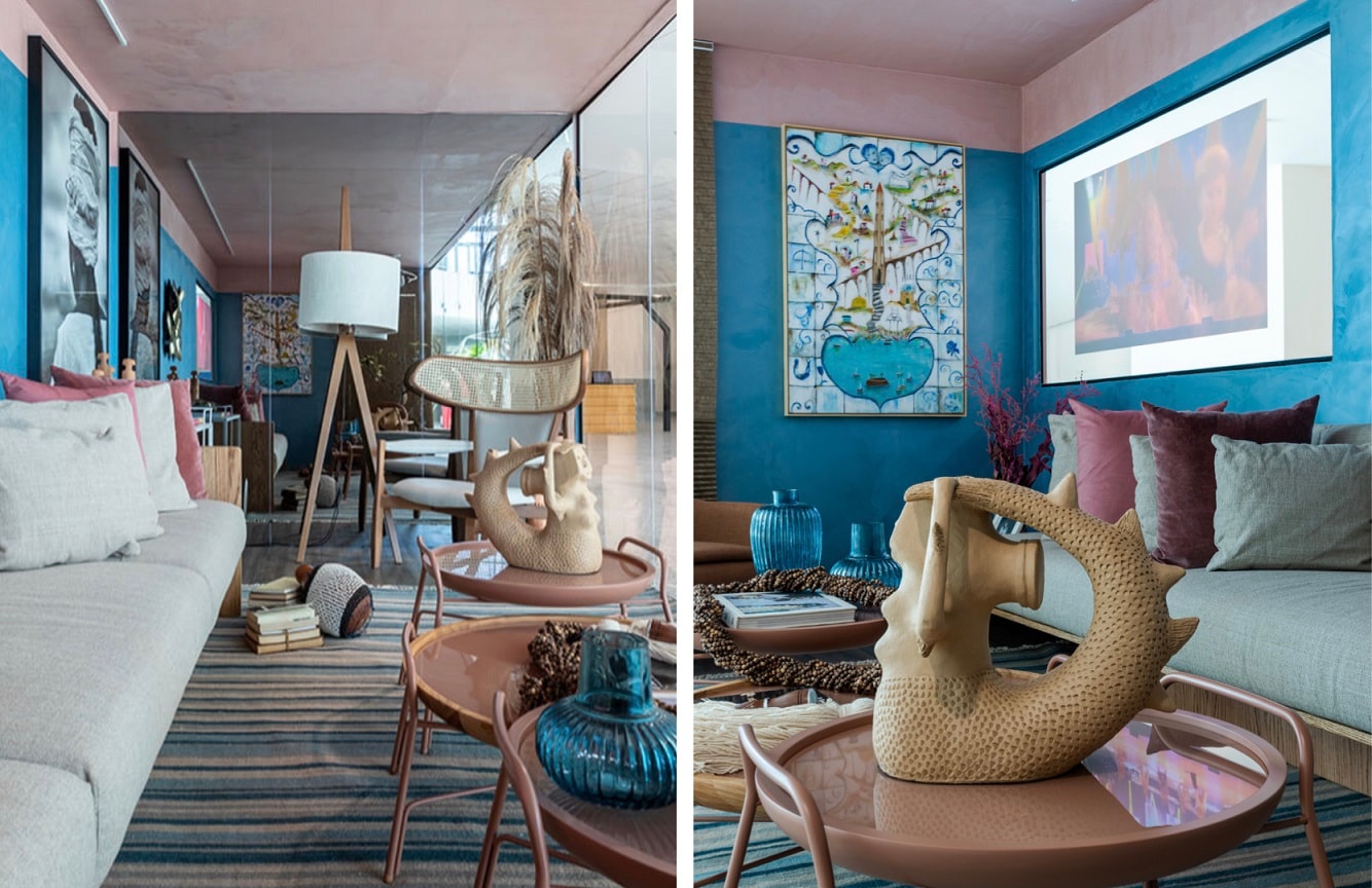 Sala decorada com parede Tintas Coral casacor 2020 Bahia.