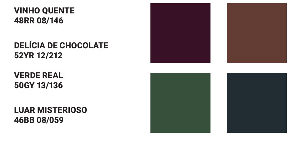 Banner com as cores vinho quente, delícia de chocolate, verde real e luar misterioso Tintas Coral casacor 2020 Brasília.