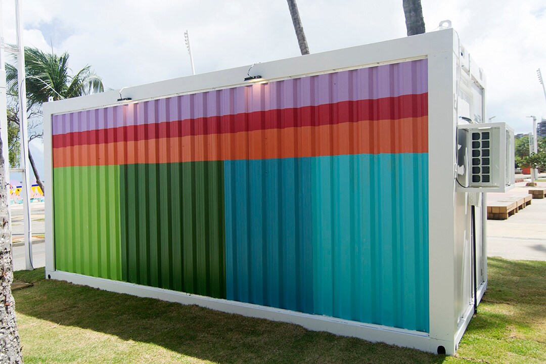 Container ilustrado e pintado com cores Tintas Coral por artistas plásticos Cearenses.