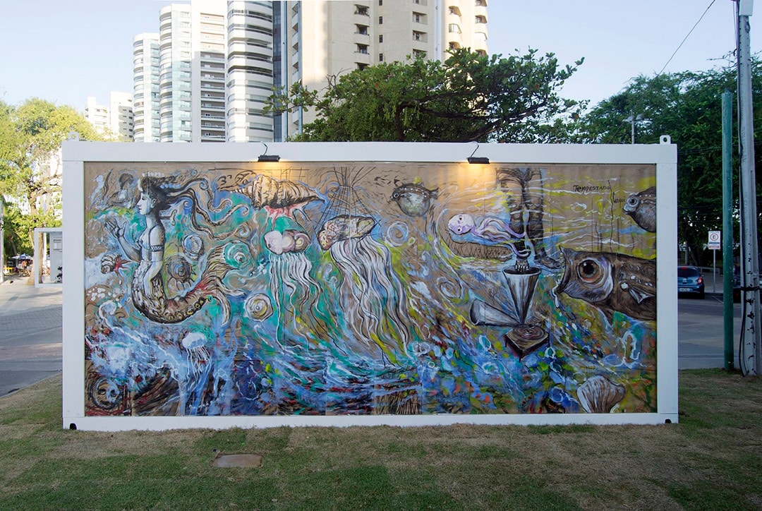 Container ilustrado e pintado com cores Tintas Coral por artistas plásticos Cearenses.