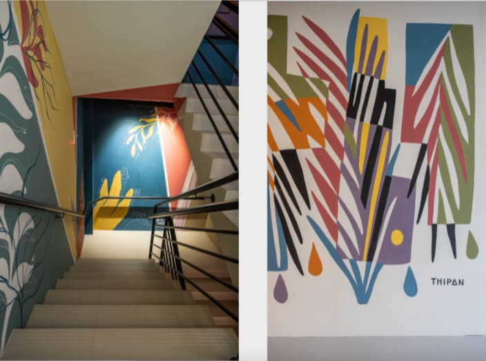 Corredor com arte no ambiente A Trajetoriah! de Gabriela Bosco e Vanessa Buonomo para CASACOR Santa Catarina