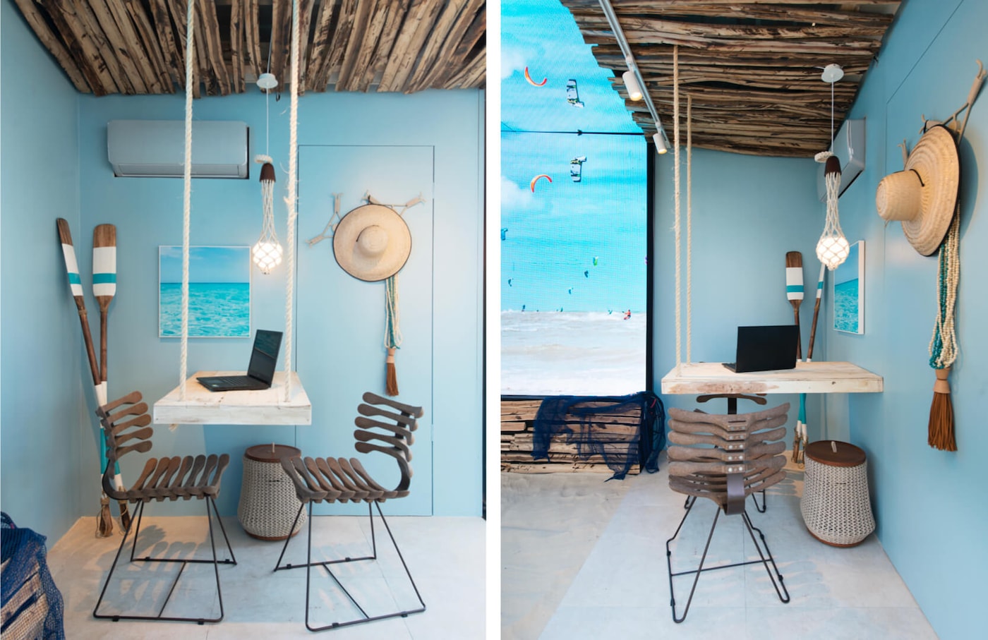 Ambiente praiano com paredes em tons de azul.