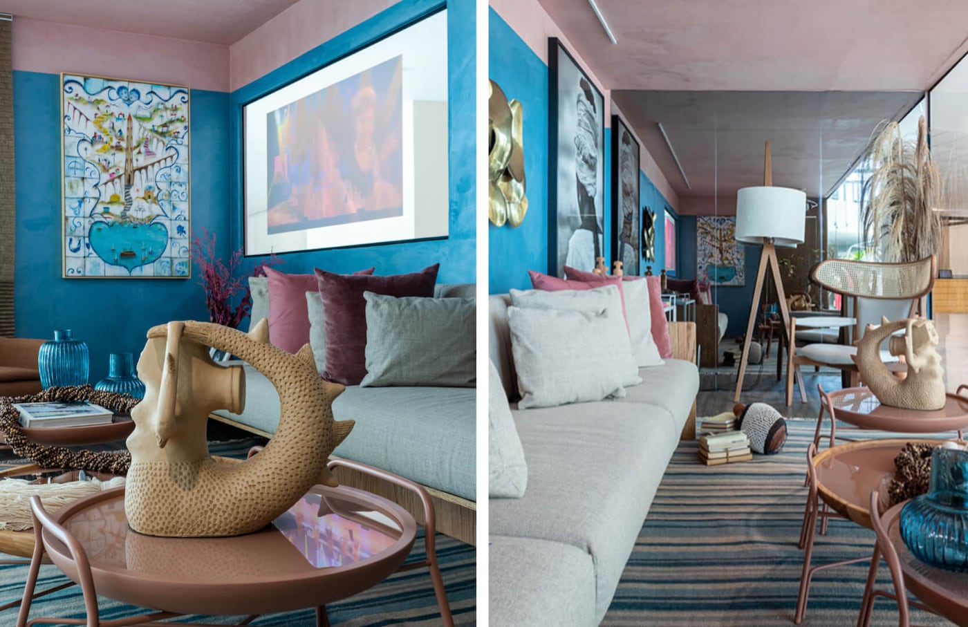 Sala decorada com parede em tons de azul.