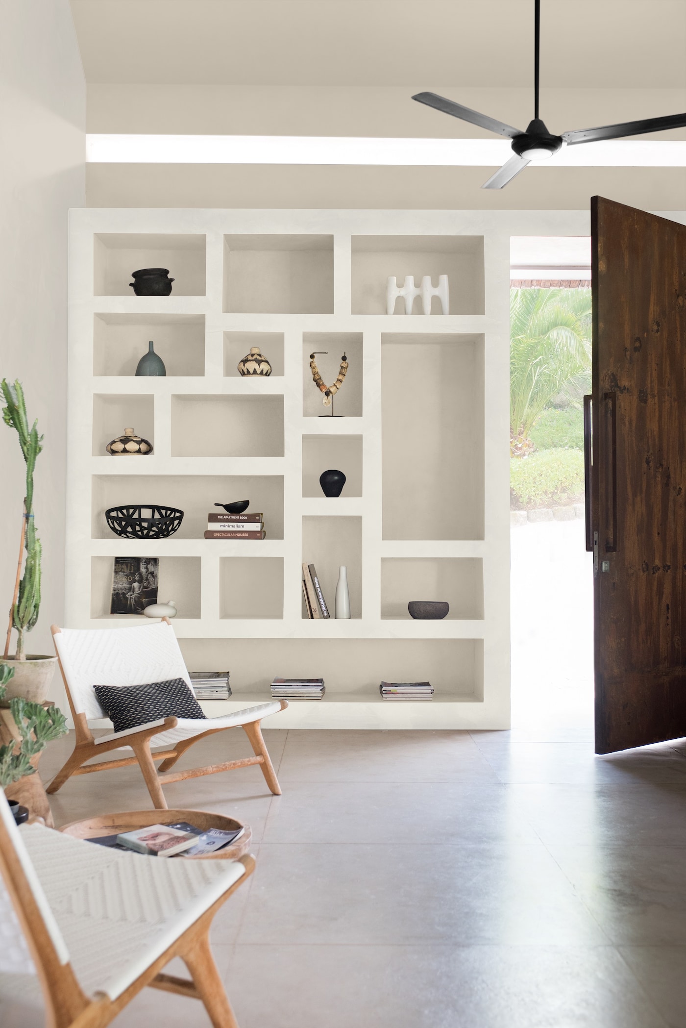 Signature_Wall behind book case and inside units_Pure Muslin_front of shelf_Subtle Muslin_Left Wall_Mid Muslin