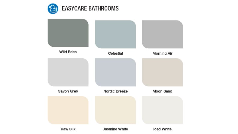 Easycare Bathrooms Palette; Wild Eden, Celestial, Morning Air, Savon Grey, Nordic Breeze, Moon Sand, Raw Silk, Jasmine White, Iced White