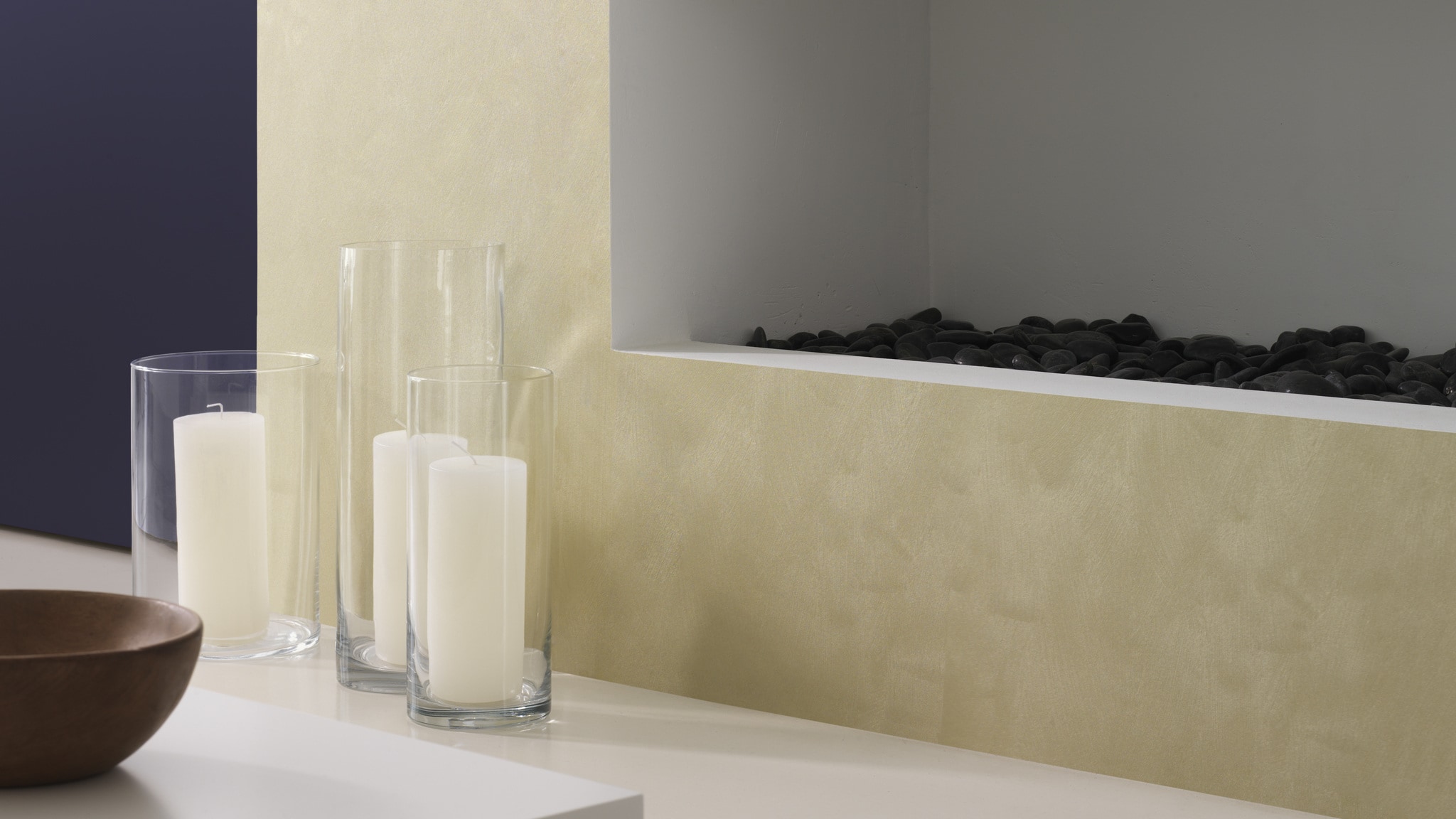 Minimalist Living Room with Indigo Walls and Yellow Accents