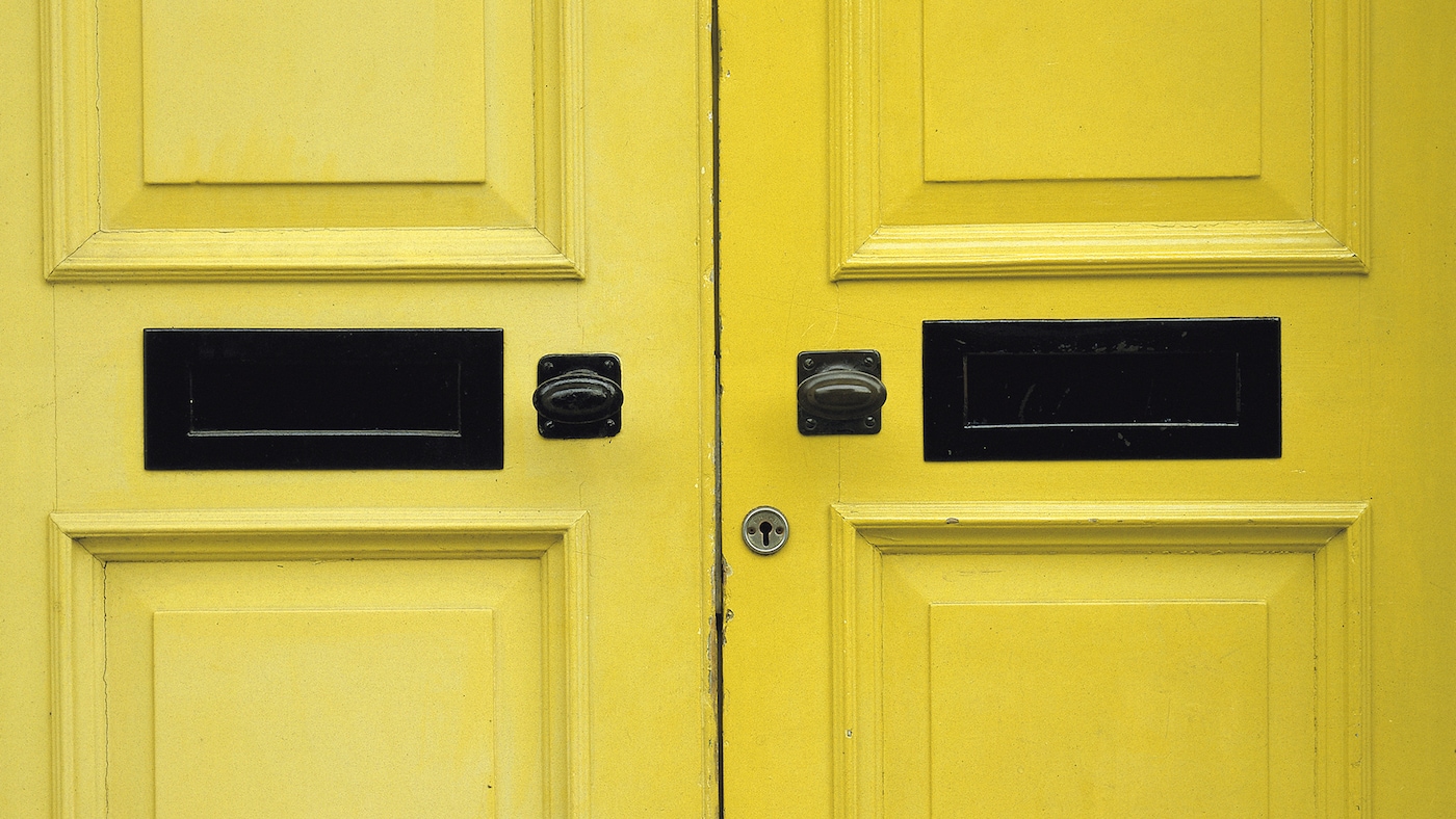 Buttercup yellow front doors.