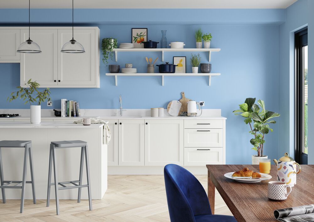 Kitchen with bright blue walls
