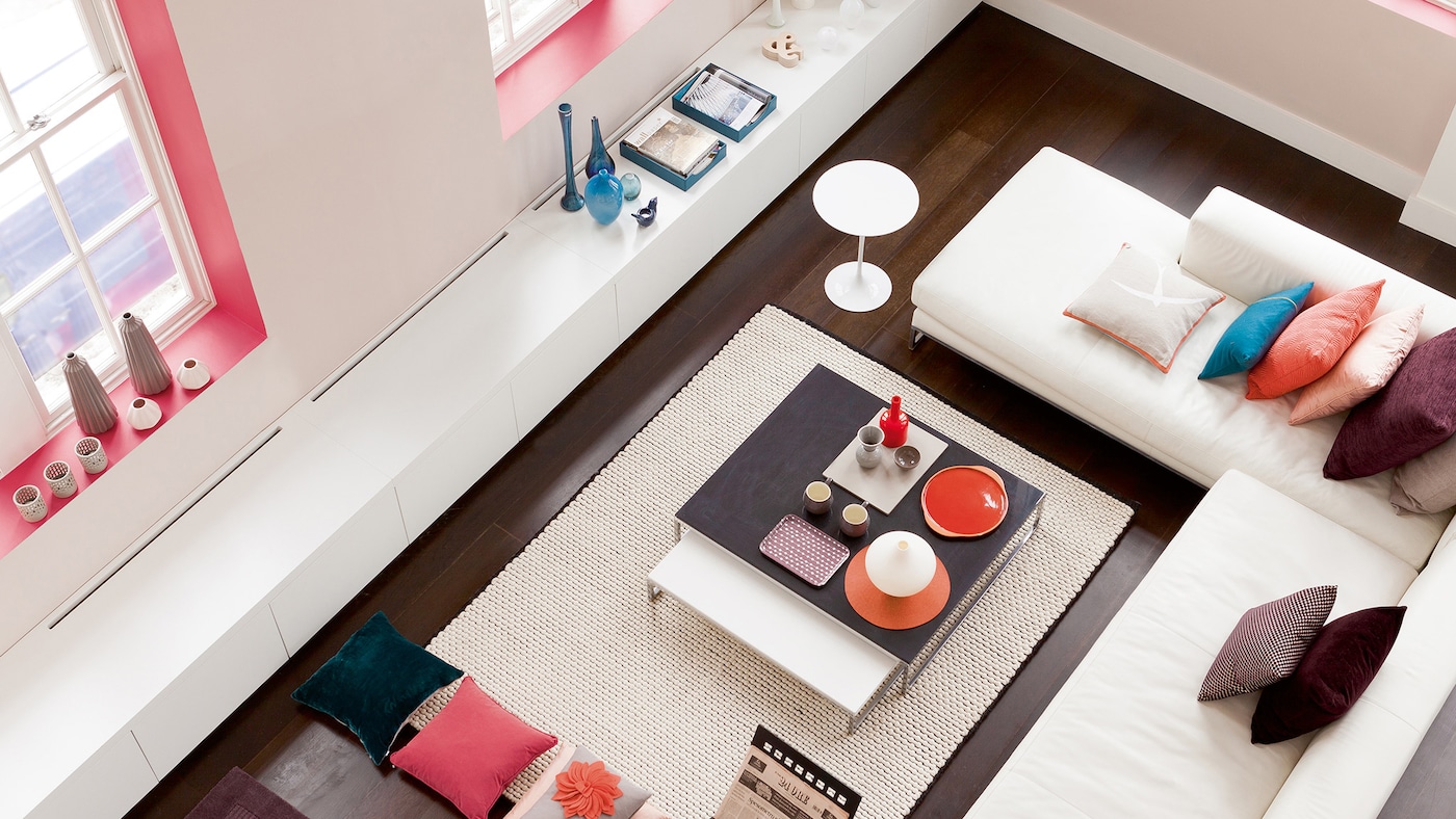 Just a touch of pink makes a bold statement in this living area.
