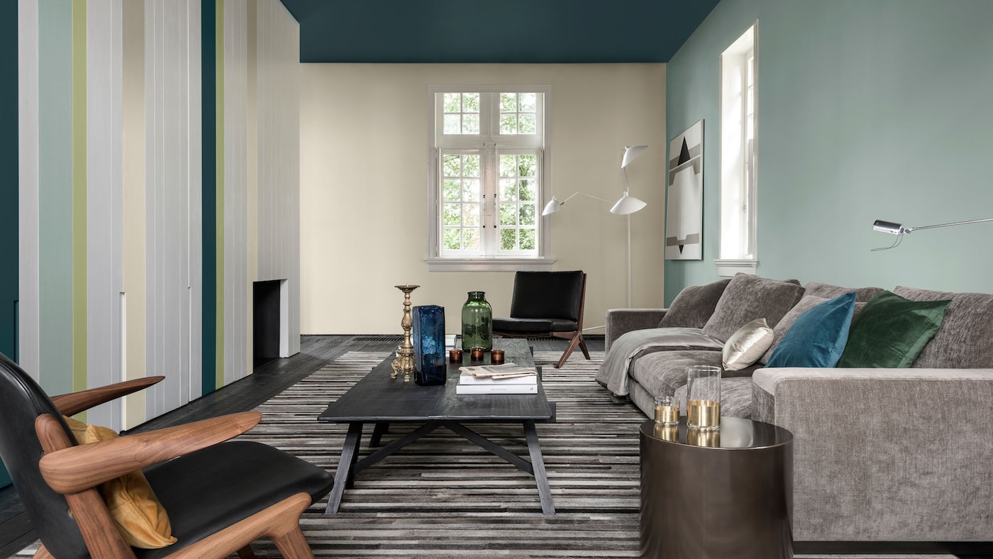 A living room with a feature wall