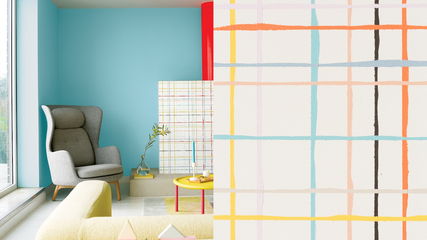 Here, multiple hand-painted grids have been painted in complementary colours for a playful look that evokes controlled chaos.