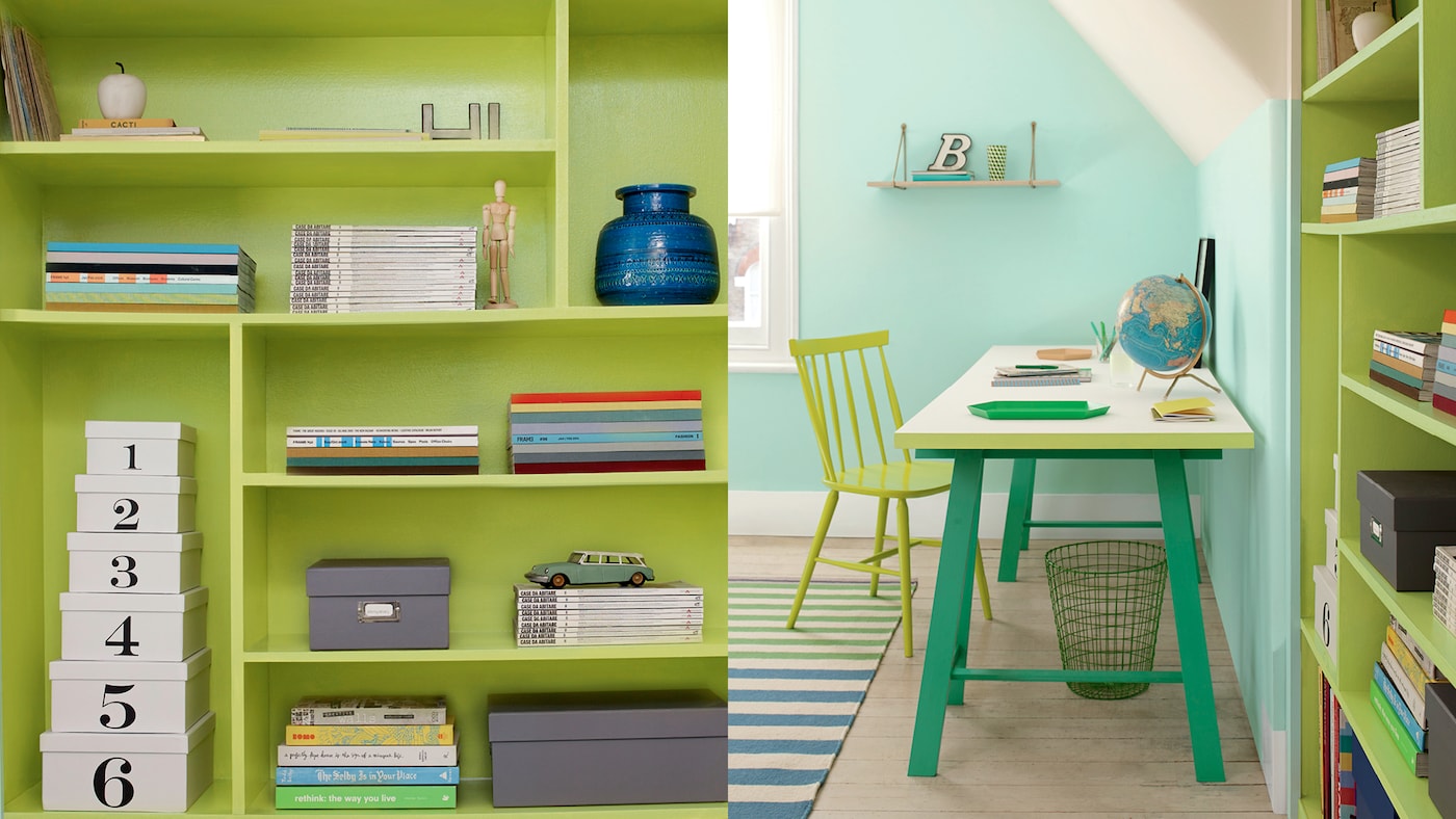 If you have your heart set on a particular colour but can’t stretch to using it on your walls, you can create an equally striking effect by painting your furniture, shelves and doorframes instead.