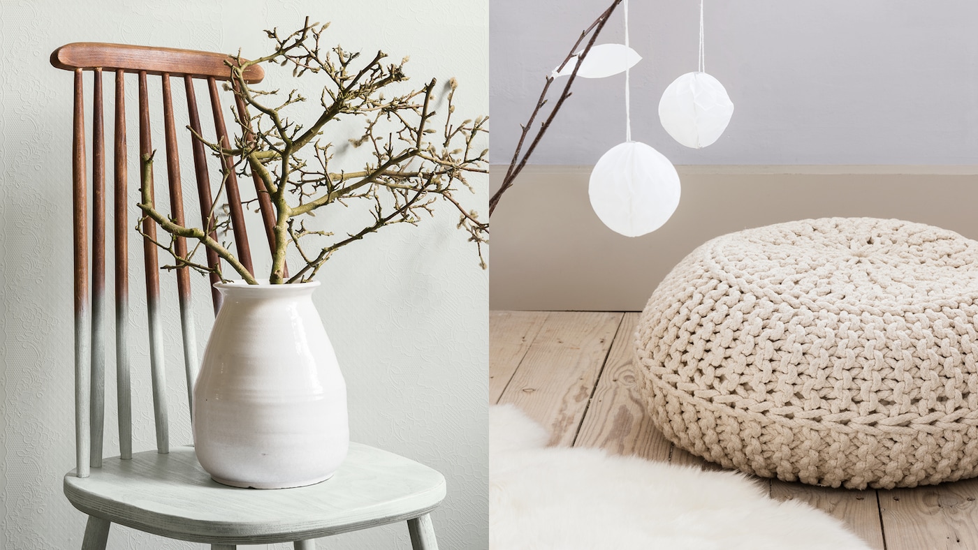 Mix between paint in soft hues and leaving some materials in their natural state.