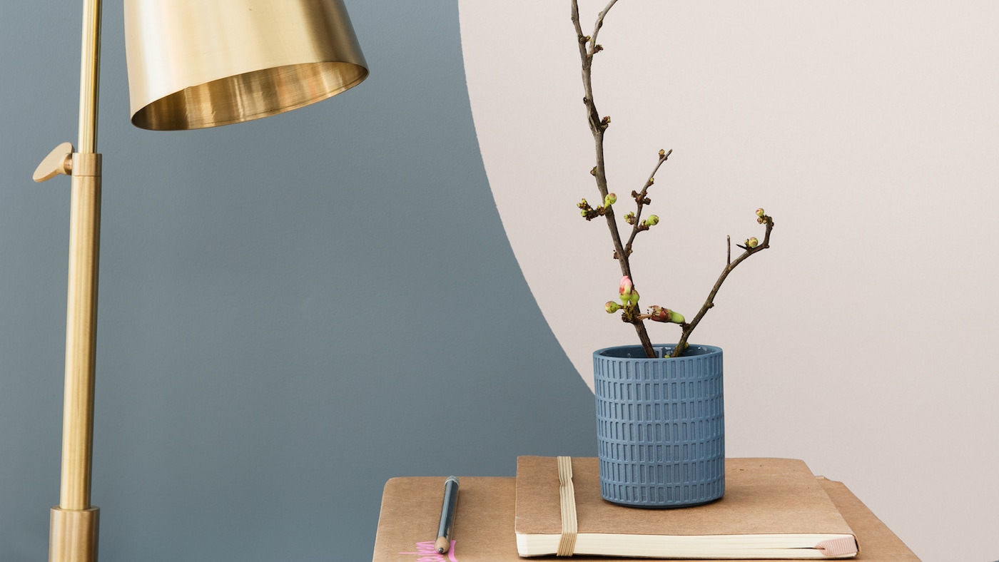 Geometric shape on the wall of a home desk area.