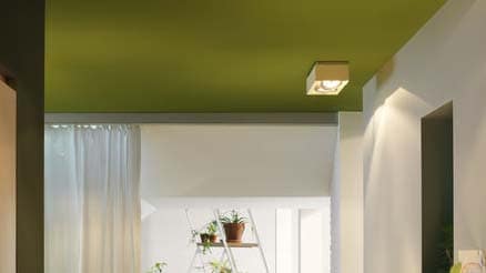 Ciemniejszy sufit przywróci zaburzone proporcje bardzo przestronnemu wnętrzu. Nasycony kolor Ryżowe pola się tu doskonale skomponuje.