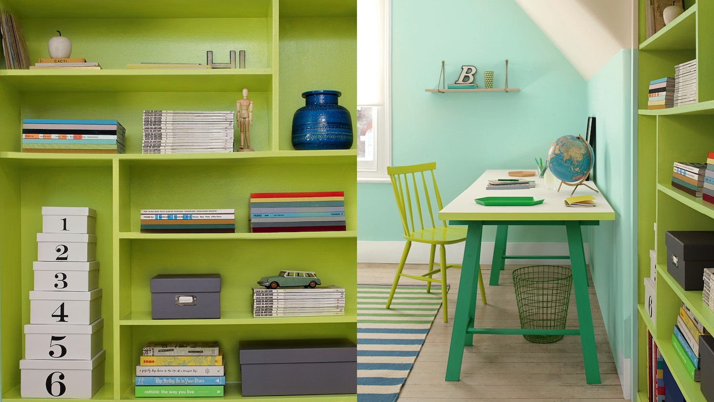 If you have your heart set on a particular colour but can’t stretch to using it on your walls, you can create an equally striking effect by painting your furniture, shelves and doorframes instead.