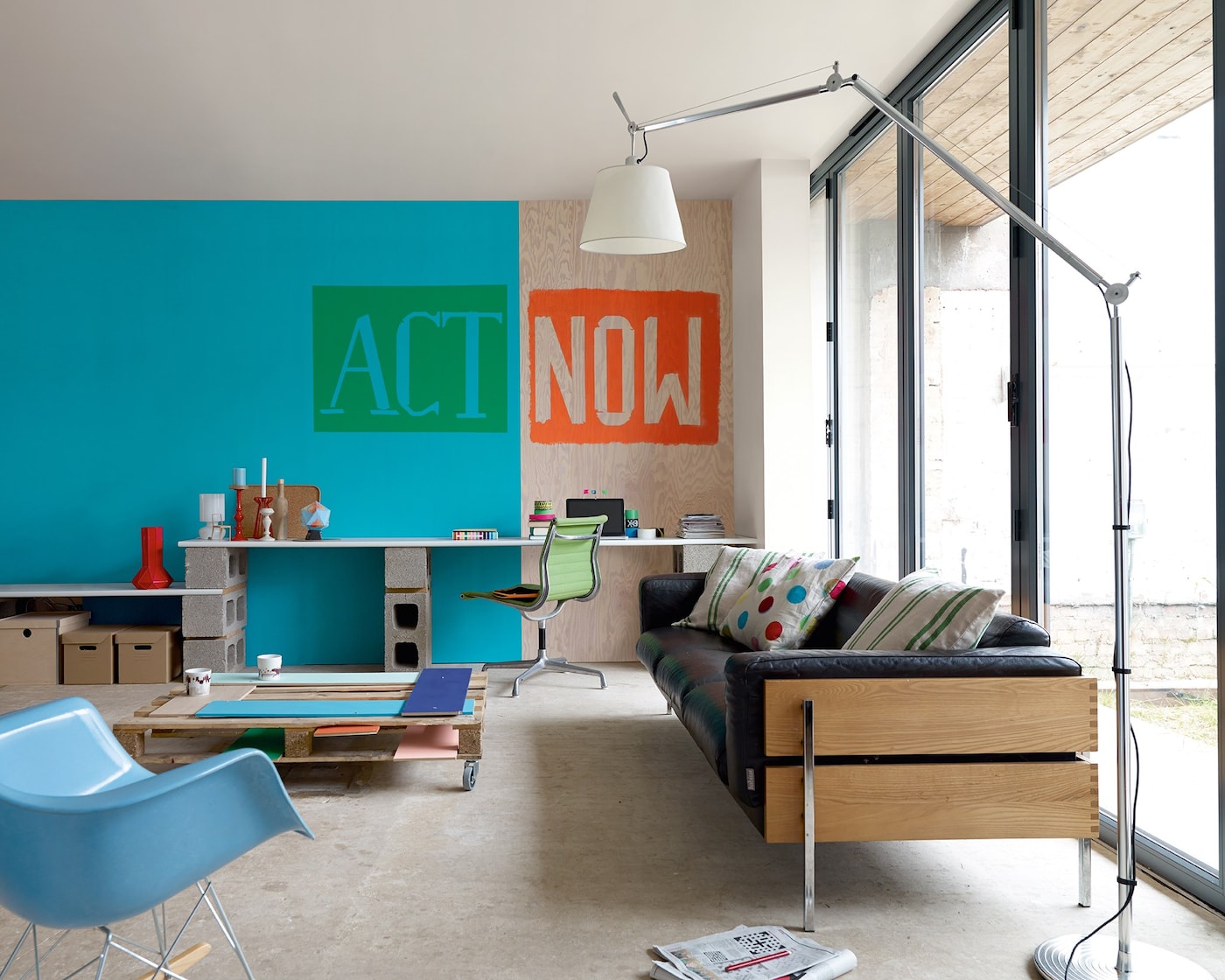 Contrast cool and calming colours from nature with bright and bold tones.