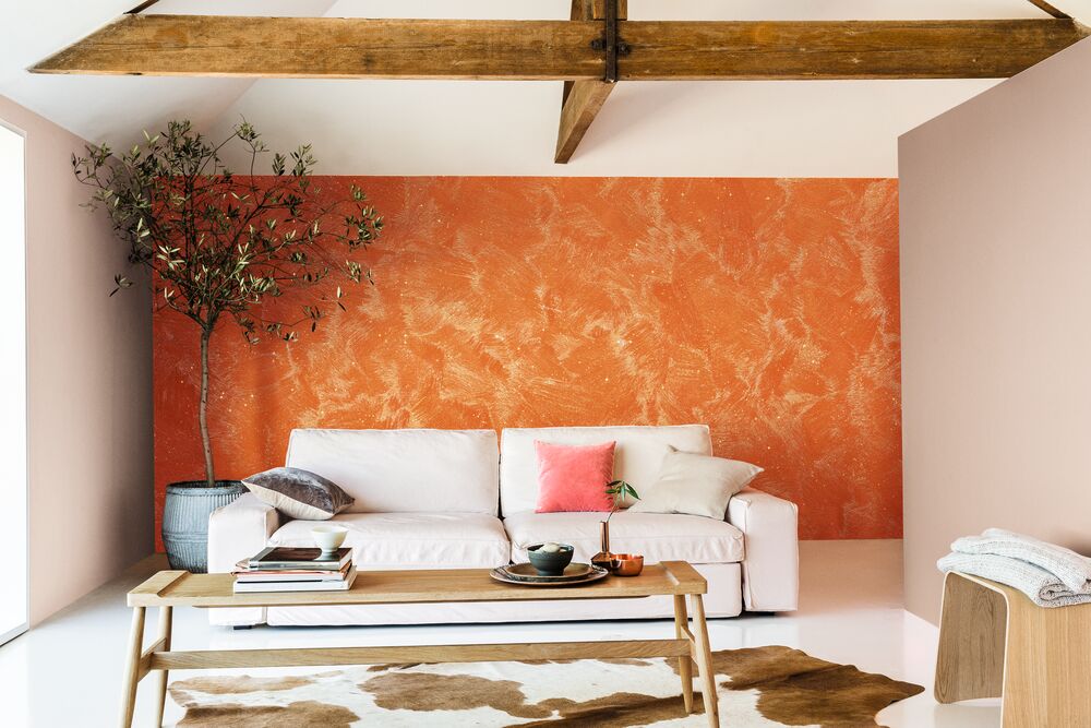 orange accent wall in living room