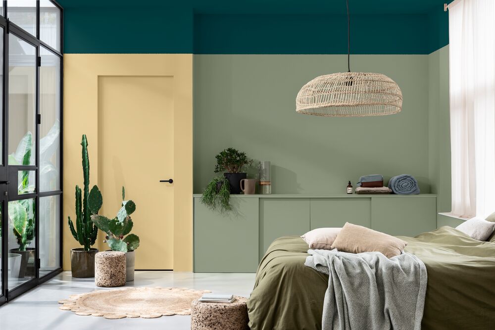 teal and yellow wall