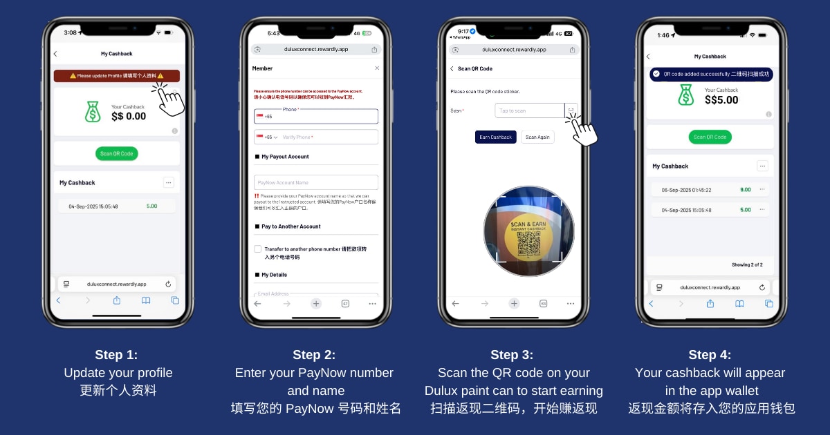Illustration showing step-by-step instructions to earn cashback by scanning QR codes on paint cans via $CAN&EARN.