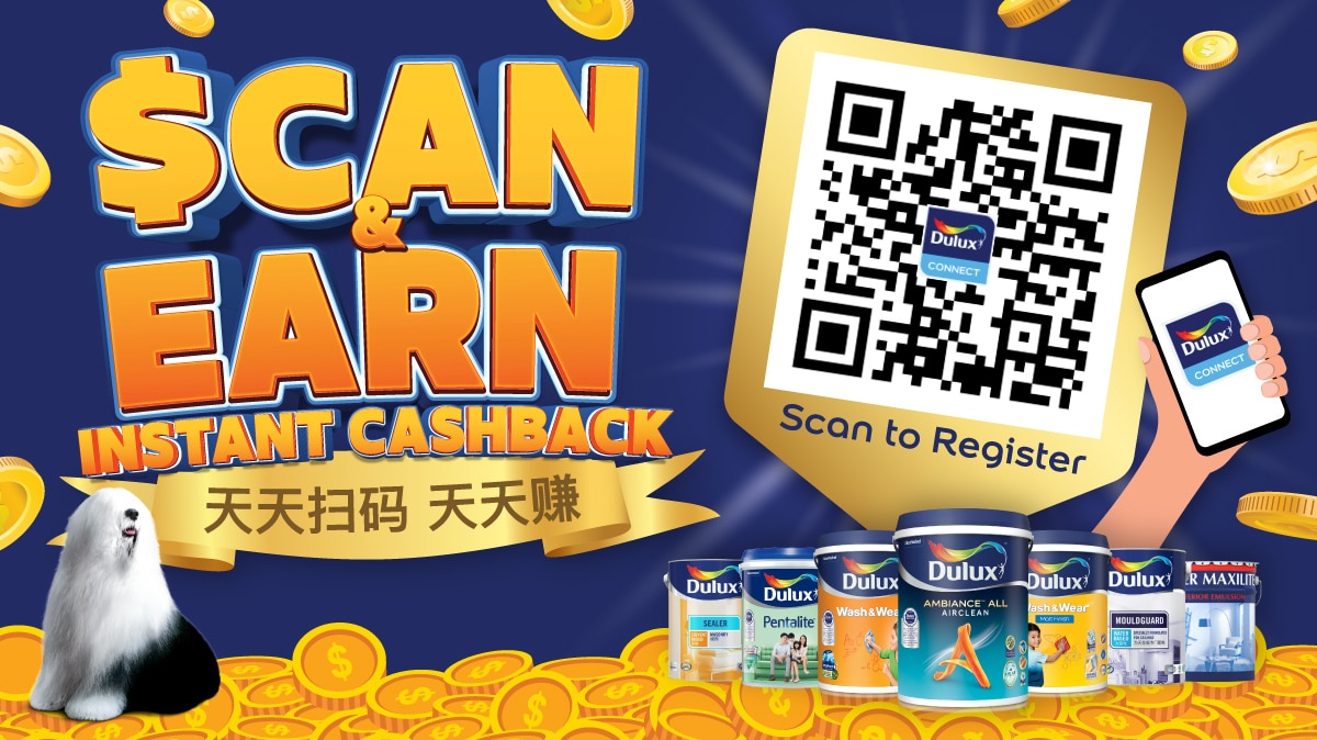 $CAN&EARN key visual showing Dulux paint cans and a QR code to register an account and earn cashback.