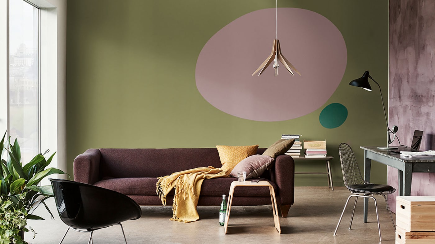 ไอเดียสีชมพูพาสเทลและสีเขียวสำหรับห้องนั่งเล่น