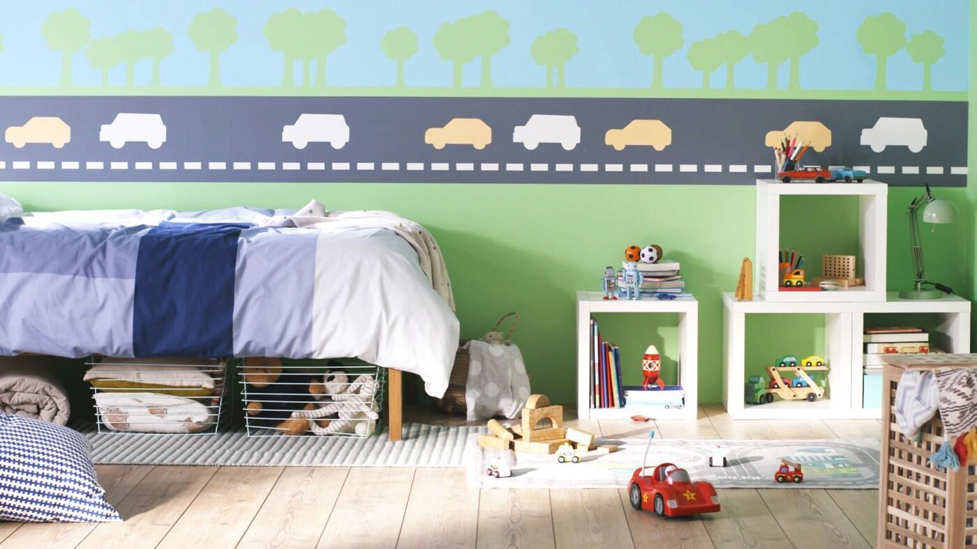 kids car bedroom feature wall