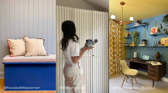 Three side-by-side interior scenes: a blue painted storage bench with striped cushion and neutral pillows, a person painting cream-and-white striped wardrobe doors with a paintbrush, and a colorful home office with blue walls, floating shelves, patterned curtains, a wooden desk, and a yellow chair.