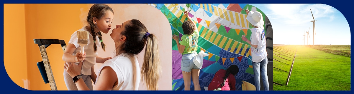 Combination of images in a banner. A child on a step-ladder with her mother beside her. A man painting a mural. A field with a sunny sky and windmills.