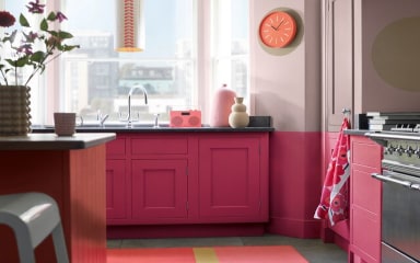 Dark Blush Red Kitchen Cabinets With Dark Worktop