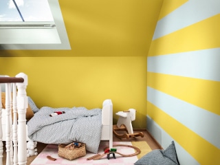Dulux Bright Yellow Kids Bedroom With Striped Feature Wall, White Bed And Rocking Horse