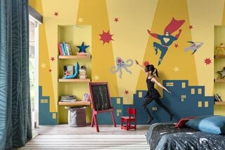 Light Yellow Coloured Superhero Themed Kids Bedroom With Creative Wall Design