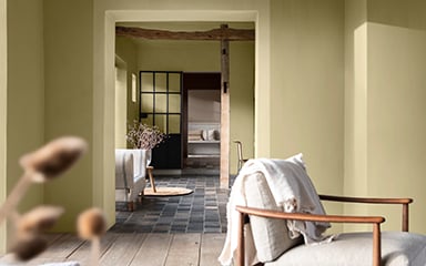 Looking through livingrooms, with walls painted in straw yellow