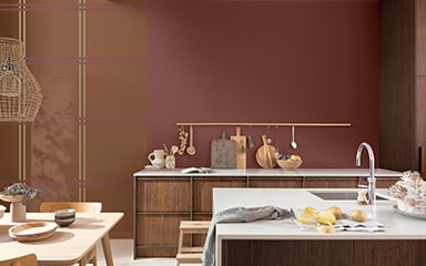 bedroom with warm neutral walls and a checkerboard pattern and door