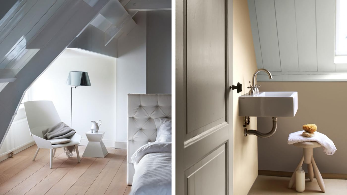 pitched ceiling white bedroom walls - beige bathroom walls