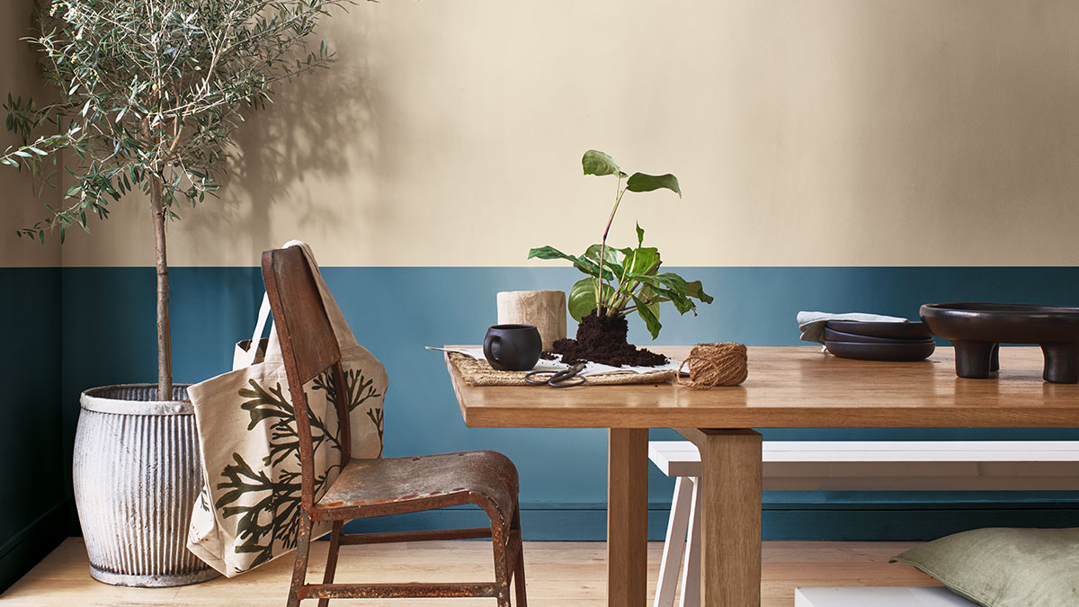 Kitchen dining room with split wall effect of Night Seas and Brave Ground