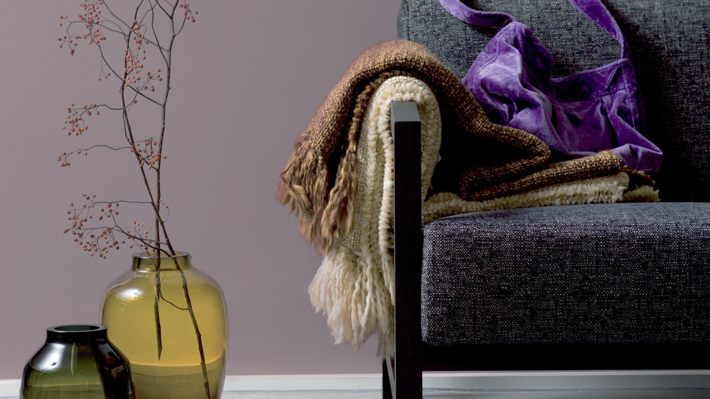Pair smoky purple with soothing greys + colours and products
