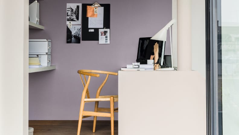Home office with lavender walls
